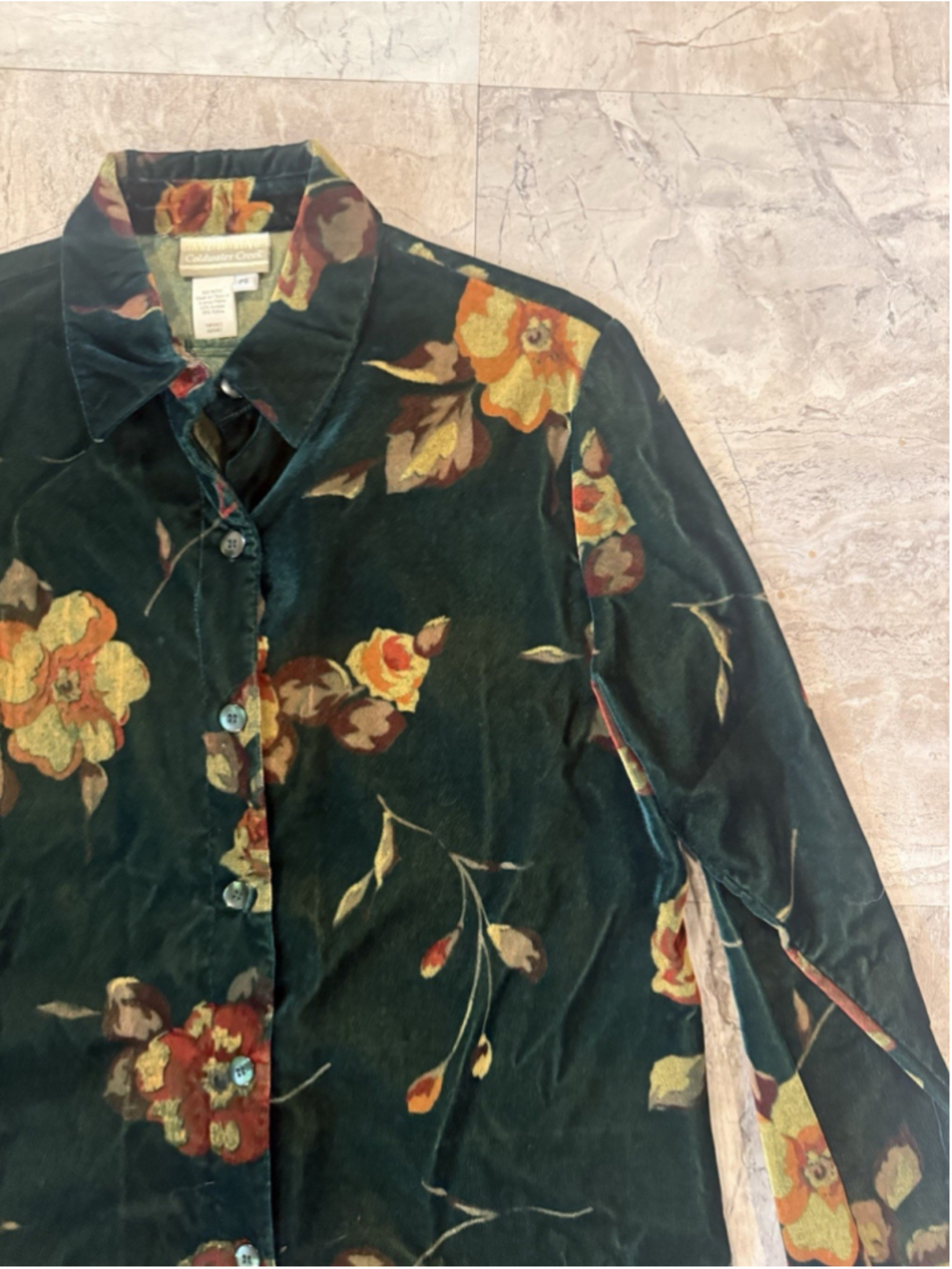 VTG Coldwater Creek Petite S Velour Ethereal Green Floral Long Sleeve Tunic